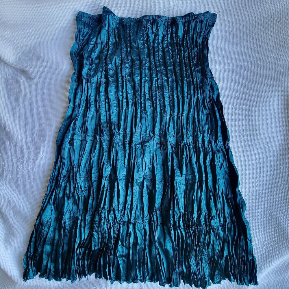 ROBBIE BEE Dark Teal Midi Skirt Size 24W Pleated Satin Mermaid Boho Whimsigoth